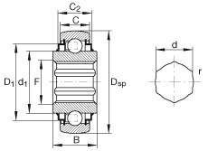 INA外球面球轴承 SK100-206-KRR-B-AH11, 球面外圈，内圈带六角形孔，两侧 R 型密封